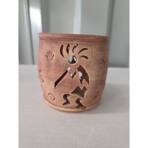 Handmade Sandpainted  Candle Holder Kokopelli Pottery Bowl Cut Away Decor Signed